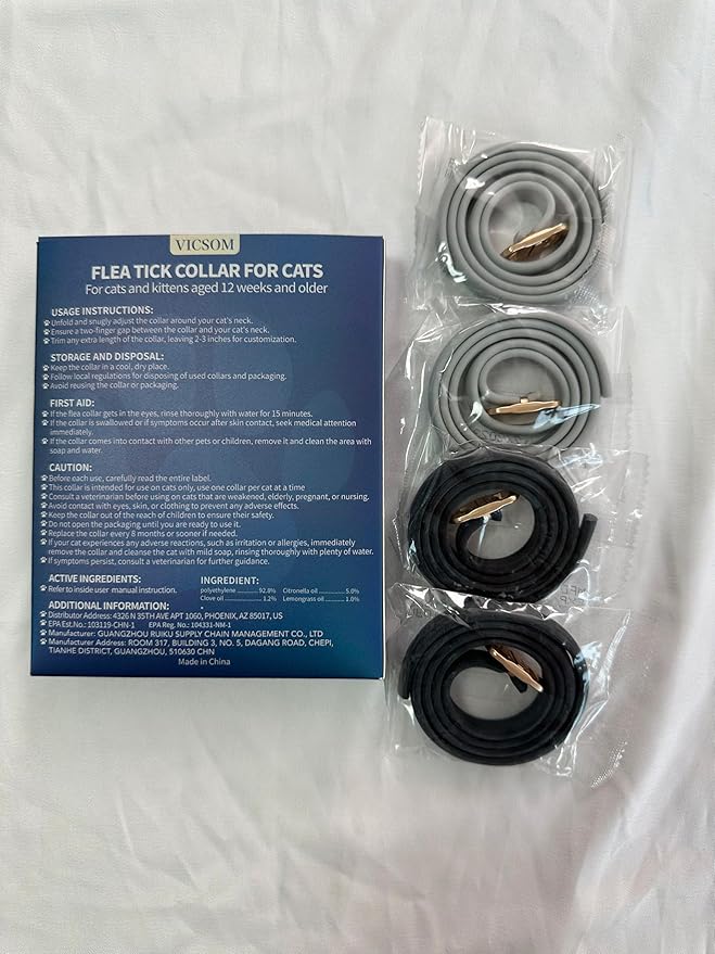 Flea and Tick Collar for Cats - 4 Pack, 32 Month Protection Treatment, Waterproof, Natural Prevention, Adjustable for Cats & Kittens (Black Grey)