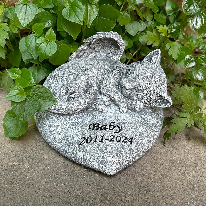 Custom Angel Cat Memorial Grave Marker Tribute Statue,Personalized Pet Cat Headstone Memorial Gift Garden Stone, Engraved with Name and Date,Gift for Sweet Kitty