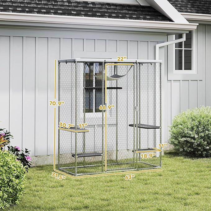 PawHut Large Catio Outdoor Cat Enclosure, Galvanized Steel Walk-in Cat Patio for Multiple Kittens, Outdoor Kitty Cage with Waterproof Cover, 5 Adjustable Platforms, Hammock, Chicken Coop Flat Roof