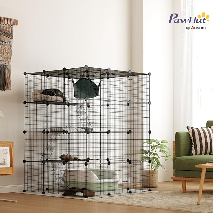 PawHut Cat Cage Indoor, DIY 4 Tier Cat Enclosure with Hammock, 3 x 3 x 4 Detachable Wire Cat Kennel with Ramps, Jumping Platforms, Doors, for 1-3 Cats, 41" L x 41" W x 55" H, Black