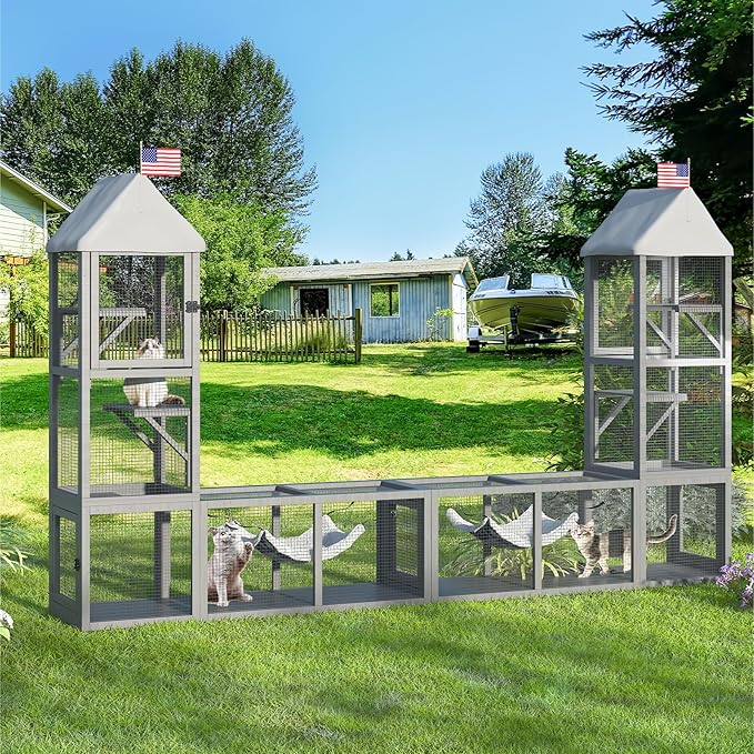 Cat Catio with Tunnel, 4 in 1 Outdoor Cat Enclosure Include 2 Catio and 2 Tunnel, Cats Enclosure with Kitten Hammock and Waterproof Cover, Indoor Outdoor Cats Cage Playground with 2 Door