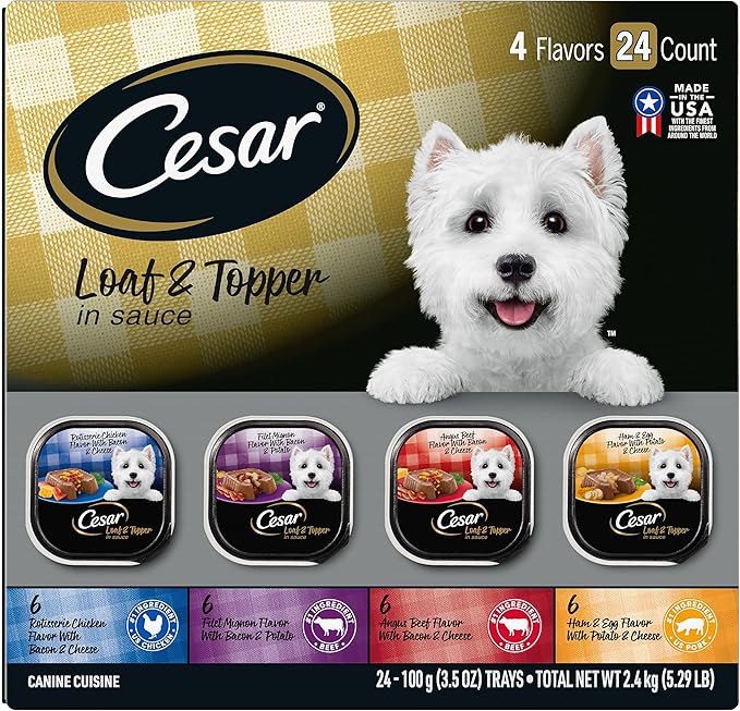 Cesar Loaf in Sauce Wet Dog Food Rotisserie Chicken, Filet Mignon, Angus Beef, and Ham & Egg Flavors Variety Pack, 3.5 oz. Easy Peel Trays (24 Count, Pack of 1)