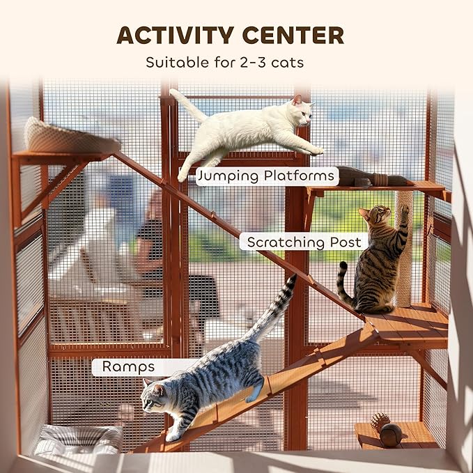 PawHut Outdoor Catio Cat Enclosure, Large Wooden Cat House with 6 Jumping Platforms, Scratching Post, 2 Ramps, Waterproof Roof, Cat Cage Window Access for 2-3 Kittens, 99" H, Orange