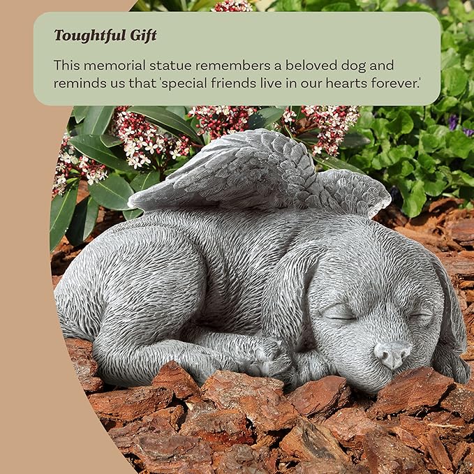 Pure Garden Sculpture Pet Memorial Statue, Sleeping Angel Dog, Stone Finish
