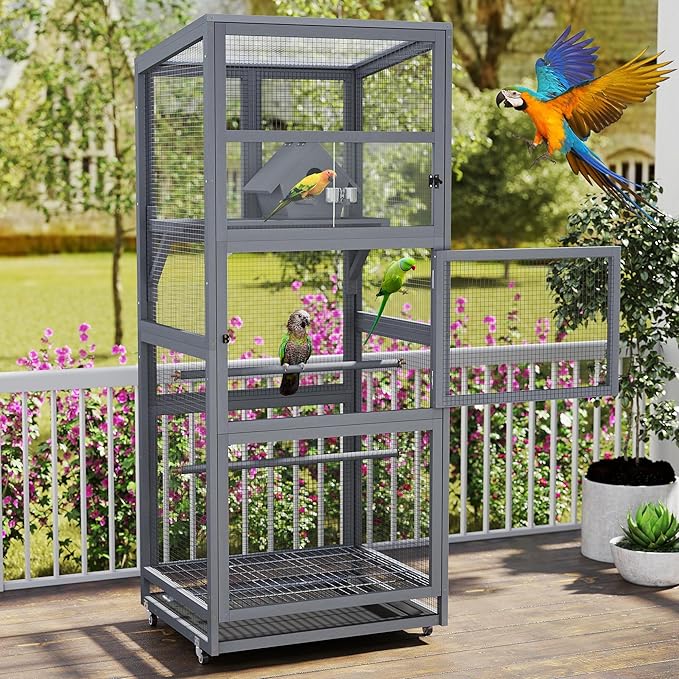 COZIWOW Large Bird Cage Wooden Outdoor Bird Aviary,Indoor Parakeet Cage on Wheels,Parrot Cage with Perch,Nest House,Removable Wire Netting Slide Pull Out Tray for Small Medium Finches