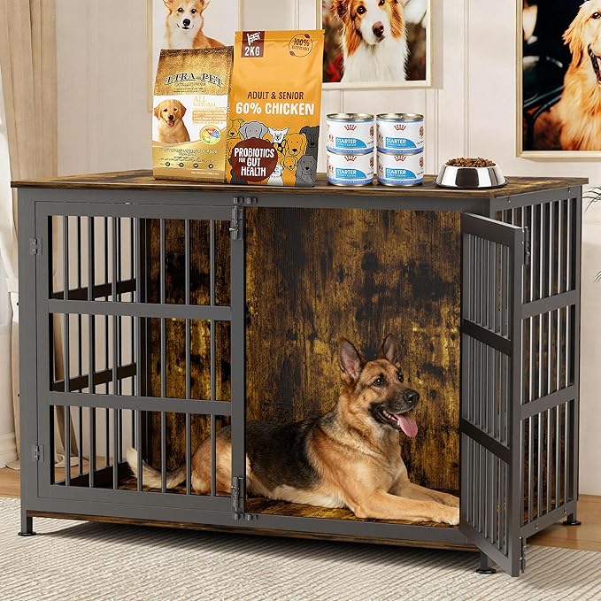 46'' Dog Crate Furniture Large Breed Dog Crate Dog Kennels for Inside Wooden Dog Crates End Table Heavy Duty Indoor Combination Cage for Medium to Large Dogs Walnut