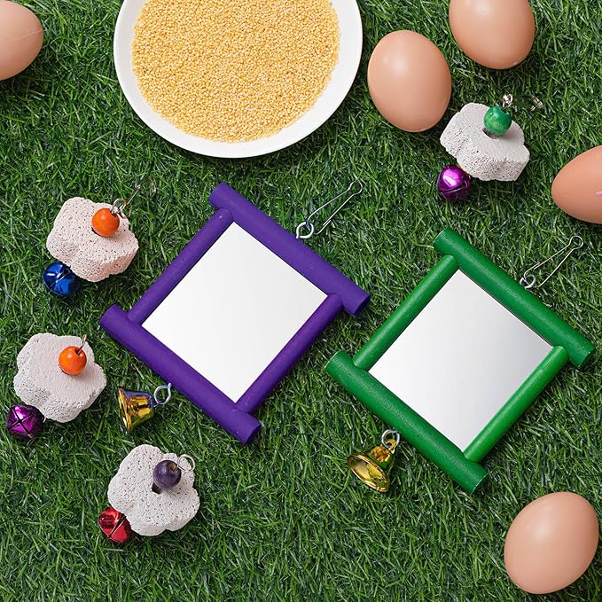 Sumind 2 Pieces Chicken Mirror Toys Hanging Swing Mirror with Bell Wooden Pecking Toy and 4 Pieces Beak Grinding Molar Stones for Hens Birds Parrots(Green,Purple)