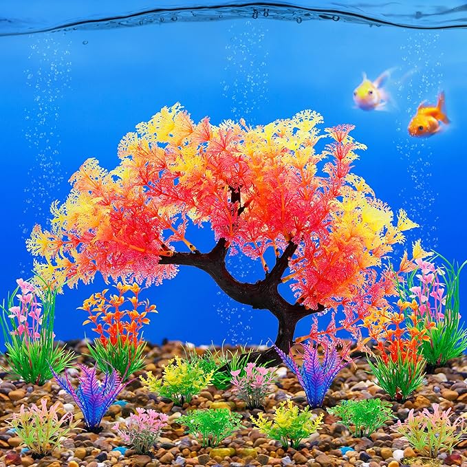 MyLifeUNIT Fish Tank Decorations, 15 Pack Artificial Aquarium Plants Tree Set for Fish Tank Decor (Pink Set)