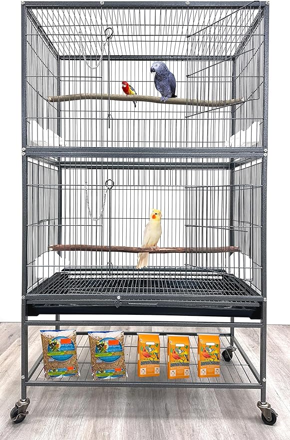 Extra Large Durable Wrought Iron Metal Bird Flight Parrot Breeder Home Cage with Double Large Front Doors Side Pull Up Doors Rolling Stand Storage Shelf Lockable Wheels