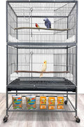 Extra Large Durable Wrought Iron Metal Bird Flight Parrot Breeder Home Cage with Double Large Front Doors Side Pull Up Doors Rolling Stand Storage Shelf Lockable Wheels