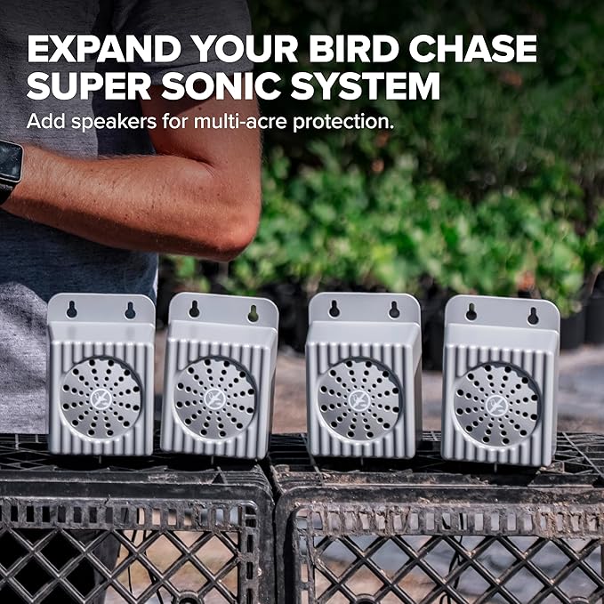 Bird B Gone - MMSONIC-SP2 Sonic Satellite Speakers - Amplifies Sonic Bird Deterrent Coverage - Boosts Area Protection by 2 Acres - Weatherproof - Easy Setup - for Bird Chase Units