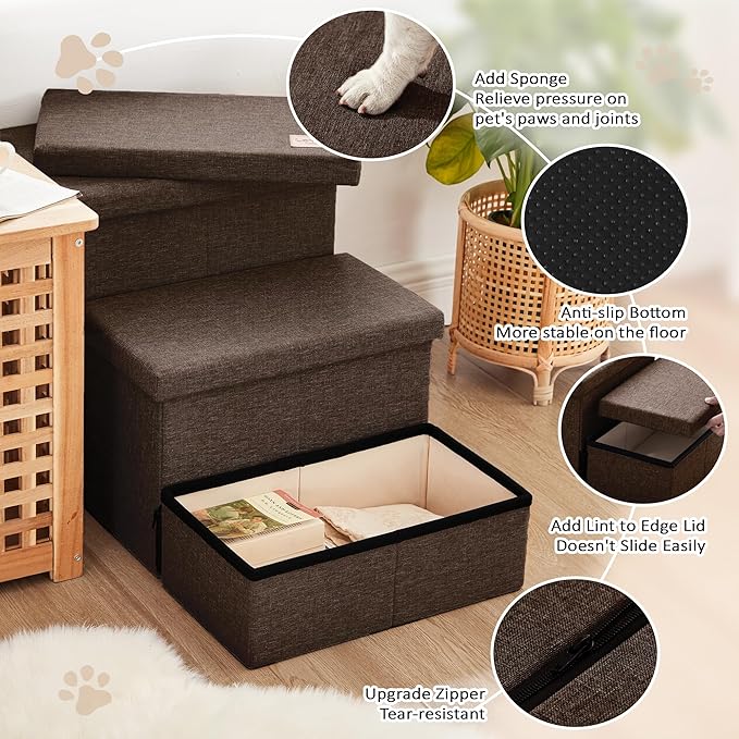 Love's cabin Dog Stairs for High Bed 18" H, Foldable Pet Stairs for Small Medium or Large Dogs Puppy with Storage for Bed or Couch, Cat Dog Steps Ramp with Zip up to 200 lbs, Coffee, 3 Steps