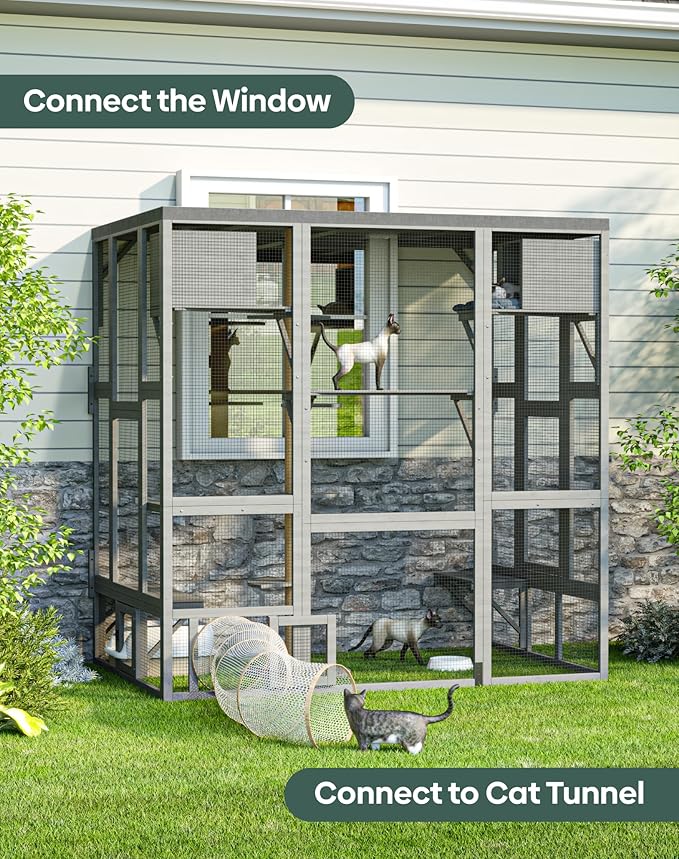 Catio Outdoor Cat Enclosure, Walk-in Large Catio with Window Access, Wall-Mounted Window Catio for Multiple Cats with Cat House, Waterproof Cover & Sunshine Roof, Grey
