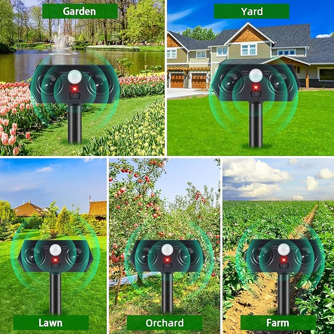 Solar Ultrasonic Animal Repellent Outdoor, 4Pack Solar Deer Deterrent Devices with PIR Motion Sensor, Ultrasonic Cat Repellent to Scare Squirre Rabbit Skunk Dog Raccoon Armadillos for Lawn Yard
