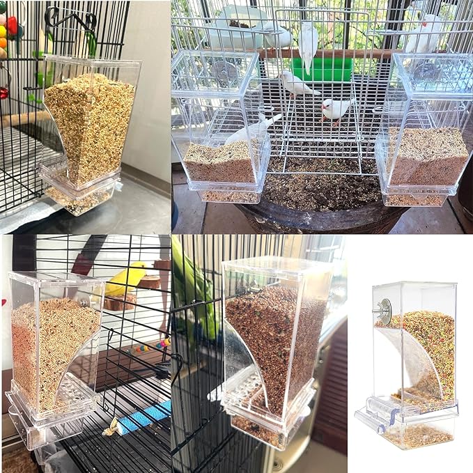 Automatic Bird Feeder for Cage No Mess Parakeet Feeder Seed Food Container Feeding Station Cage Accessories for Small Birds Parrot Canary Lovebirds(Transparent)