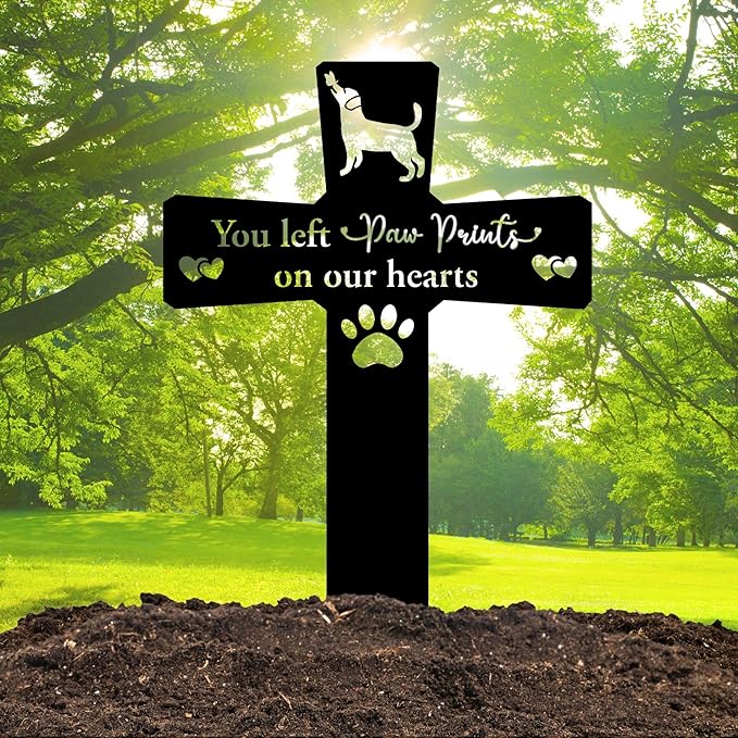 Metal Pet Memorial Garden Decoration – Dog Grave Cross for Outdoor or Indoor Display, Weatherproof Headstone Plaque for Loss of Beloved Pet, 12in Graveyard Tribute Sign