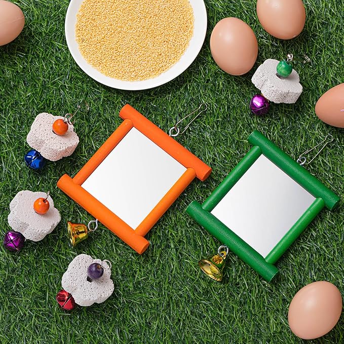 Sumind 2 Pieces Chicken Mirror Toys Hanging Swing Mirror with Bell Wooden Pecking Toy and 4 Pieces Beak Grinding Molar Stones for Hens Birds Parrots(Green,Orange)