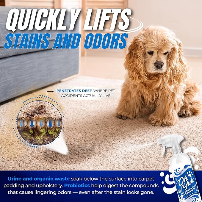 Oh Yuk Probiotics Pet Odor Eliminator and Stain Remover Spray – Dog & Cat Urine and Poop Odor Eliminator for Home, Pet Pee Smell Remover & Deodorizer – 27 fl oz (Unscented)