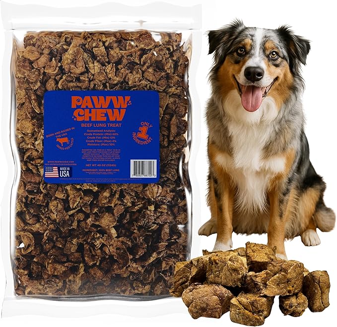 Paww Chew Beef Lung Dog Treats - 100% Natural, Single Ingredient, (2.5 Pound) Made in the USA, Dried & Dehydrated, High Protein High Value Dog Training Treats, Grain Free, Low-Odor Free for All Breeds
