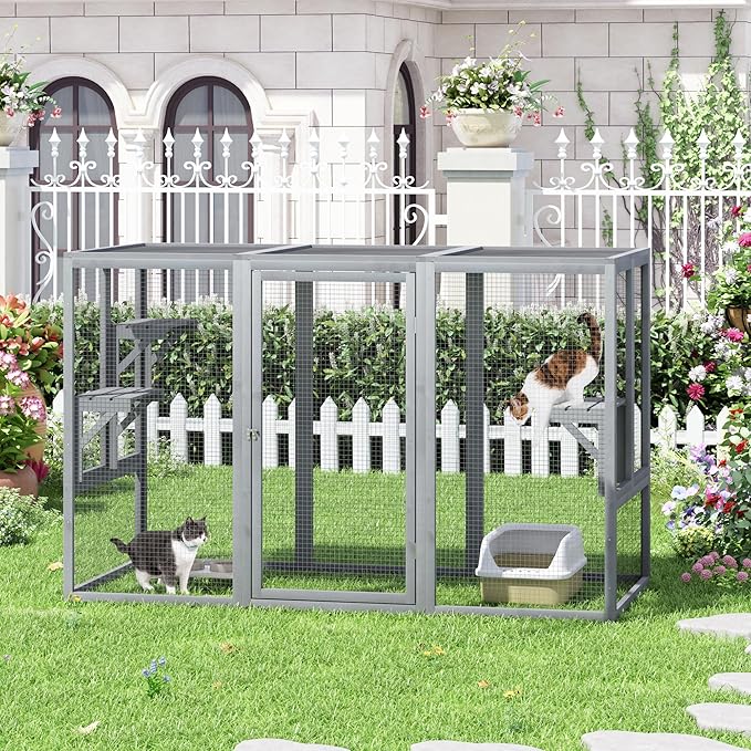 Catio Outdoor Cat Enclosure, Large 71" Catio Window, Heavy Duty Steel Mesh Cat Patio with Lockable Door, Large Catios for Balcony, Grey