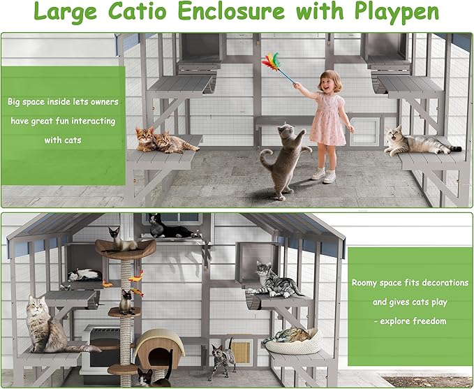 PetsCosset 71" H Catio Outdoor Cat Enclosure Large Wooden Walk in Cats House Outside Weatherproof Roof,Attached to House's Window,Cat's Door and Tunnel (94.4: Large Catio-P12N)