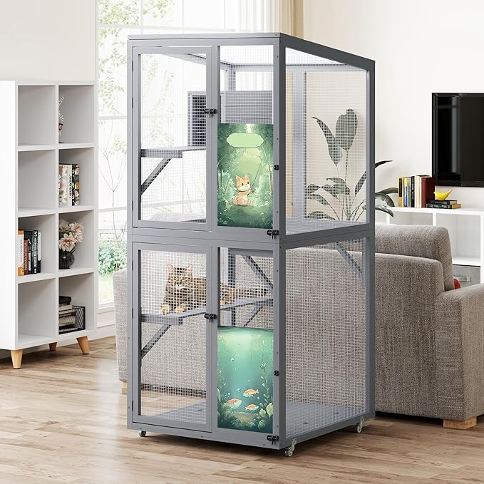 COZIWOW Large Catio Outdoor Cat Enclosure Window Access, Outdoor Cat House with Wheels, Cage for Cats Indoor (Grey, Extra Large)