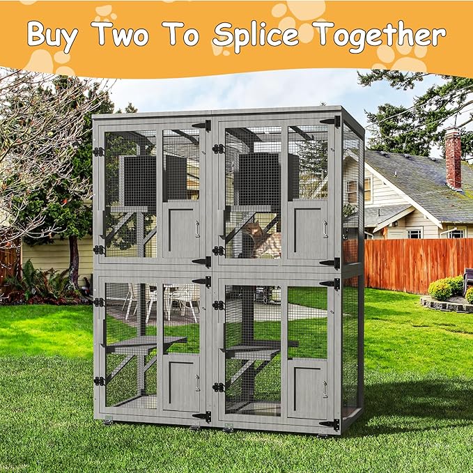 4 Tiers Catio Outdoor Cat Enclosure, Indoor Cat House with 4 Wheels, Cat Enclosure Window Access with Removable Floor, Upgraded Resting Box, Waterproof Roof, Wooden Indoor Pet Cage, Grey