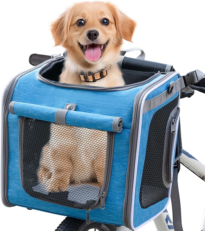 Dog Bike Basket, Expandable Soft Edge Pet Carrier Backpack, Foldable Dog Bicycle Carriers with 4 Mesh Windows, for Medium Cats&Dogs, Suitable for Cross Shaped, Shoulder and Car Seats (Blue)