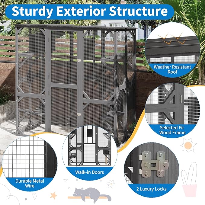 Large Walk-in Window Catio Outdoor, 70'' Wooden Cat Enclosure for Mulitiple Cats with Waterproof Roof, Feral Cat Shelter with Platforms, Hammock, Scratching Post and Resting Box Grey
