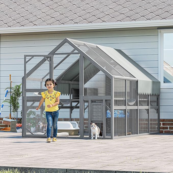 KEIKI 110" Large Outdoor Cat Enclosure for Multiple Cats, Weatherproof Wooden Catio with 7 Platforms, 2 Resting Boxes, 2 Bridges & Canopy, Secure Outdoor Cat House, Gray