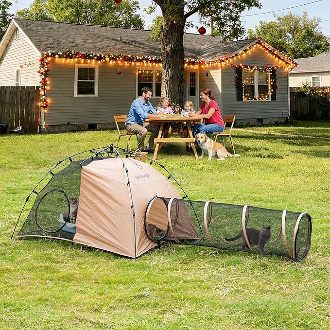 Pop Up Catio Tent Indoor Outdoor Cat Playpen Tent & Fish Shaped Cat Bed Set, 2-Space Cat Enclosure (Play/Rest/Litter Box Hideaway) Double Sided Cotton Pet Bed High-Value Cat Gear Bundle for Cats Dogs