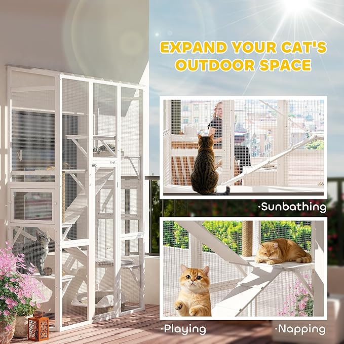PawHut Outdoor Catio Cat Enclosure, Large Wooden Cat House with 6 Jumping Platforms, Scratching Post, 2 Ramps, Waterproof Roof, Kitty Cage Window Access for 2-3 Kittens, 99" H, White