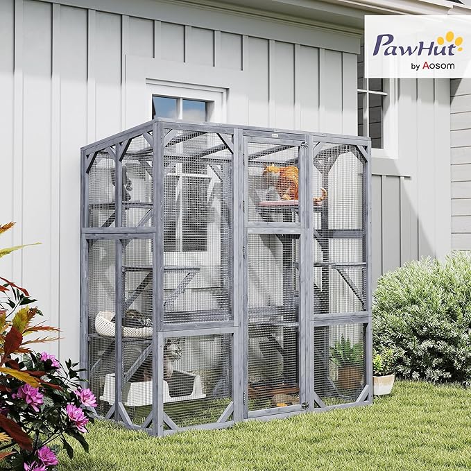 PawHut Catio Outdoor Cat Enclosure, Large Wooden Cat House with 6 Jumping Platforms, Weatherproof Roof, Outdoor Cat Cage Cat Shelter for 1-3 Cats, 59" x 28" x 60", Gray