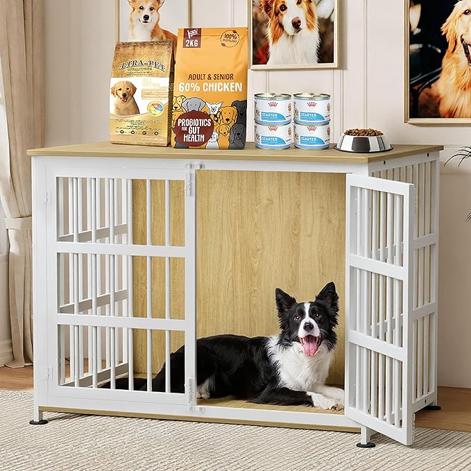 42'' Dog Crate Furniture Large Breed Dog Crate Dog Kennels for Inside Wooden Dog Crates End Table Heavy Duty Indoor Combination Cage for Medium to Large Dogs Oak