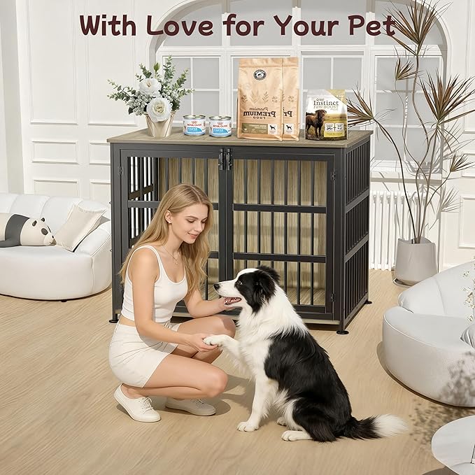 42'' Dog Crate Furniture Large Breed Dog Crate Dog Kennels for Inside Wooden Dog Crates End Table Heavy Duty Indoor Combination Cage for Medium to Large Dogs Maple