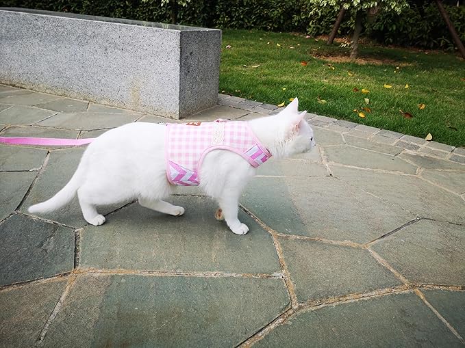 Cat Harness and Leash for Walking Escape Proof, Adjustable Cat Vest Harness, Padded Stylish Cat Walking Jackets, Pink Plaid, Large