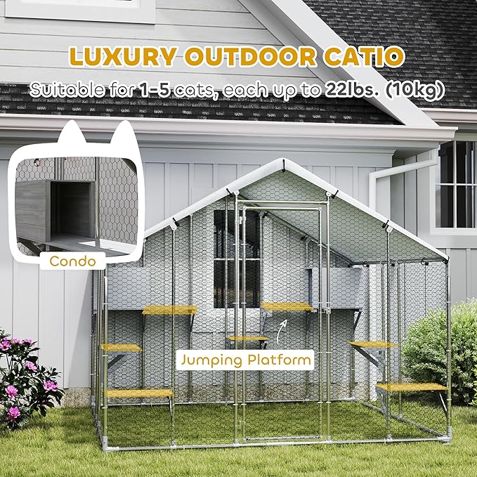 PawHut Catio Outdoor Cat Enclosure, 94.5" Extra Large Walk-in Cat House with Waterproof Cover, 2 Resting Boxes, 7 Jumping Platforms, Chicken Run Coop, Rabbit Hutch, Feral Cat Shelter Pointed Roof