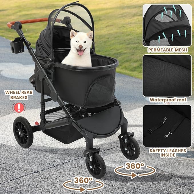 Pet Stroller for Medium Dogs, Smooth-Ride Dog Stroller with Detachable Carrier, Rubber Wheels, Car Seat Combo 3-in-1, Up to 50 lbs, for Senior Dogs & Cats, Black