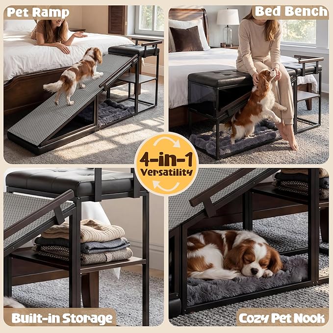 4-in-1 Dog Ramp, 65" X 26" X 17" Storage Ottoman Bench Upholstered Padded with Solid Wood Shelf, Foldable Pet Stairs Non-Slip Silicone Surface - Safety Railings Load up to 220 lb (Black)