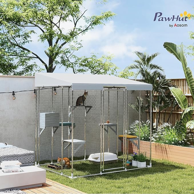 PawHut Catio Outdoor Cat Enclosure, 79" Large Walk-in Cat House with Waterproof Cover, Resting Boxes, 5 Jumping Platforms, Chicken Run Coop, Rabbit Hutch, Feral Cat Shelter Sloped Roof