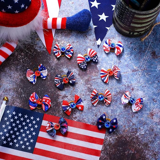 Tondiamo 100 Pack Independence Day Dog Hair Bows with Rubber Bands 4th of July Puppy Bows Rhinestone Patriotic Pet Hair Accessories Dog Bows Grooming for Small Girl Dogs (Star and Stripe)