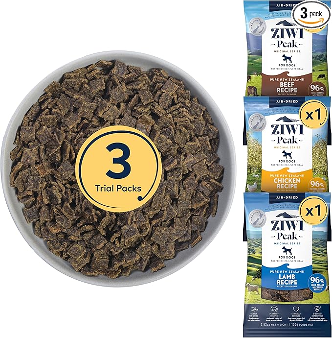 ZIWI Peak Air-Dried Dog Food, Variety Pack Trial Size: Beef + Chicken + Lamb - All Natural, High Protein, Grain Free, Limited Ingredient w/Superfoods (3.5oz Pack of 3)