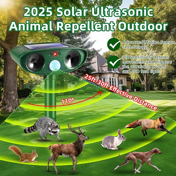 Upgraded Solar Ultrasonic Animal Repellent Outdoor Motion Activated Cat Deer Repellent for Yard Garden, 2 Pack Raccoon Opossum Dog Deterrent Effective Sqiuirrel Rabbit Skunk Repeller