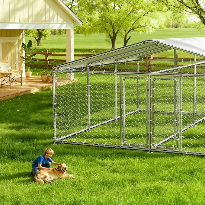 15x15 FT Large Outdoor Dog Kennel – Heavy-Duty Dog Enclosure with Wire Mesh Fence, Lock & Waterproof Cover, Double Doors for Large Dogs