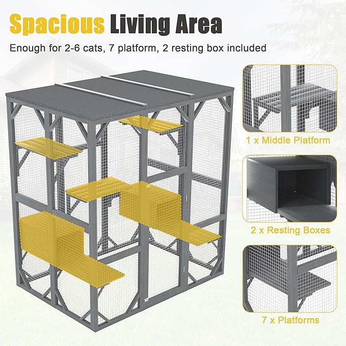 KEIKI Outdoor Cat Enclosure Large, 71" Cat House for Multiple Cats with Waterproof Roof, 3 Tier Cat Cage with 6 Platforms, Weatherproof Outdoor Cat Catio, Gray