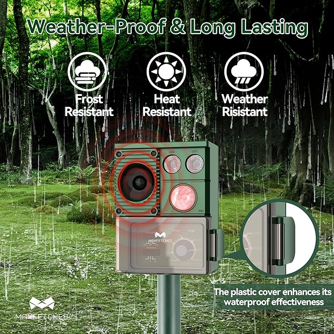 Solar Animal Repellent, 3-in-1 Squirrel Repellent Cat Deer Raccoon Rodent Repellent Ultrasonic Outdoor, Pest Repeller with Motion Activated for Yard Lawn Attic, Dog Skunk Bird Deterrent
