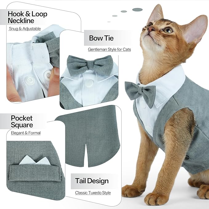 PUMYPOREITY Cat Tuxedo Suit Formal Wear with Bow Tie, Soft Skin-Friendly Cat Costumes for Cats Only, Elegant Outfit for Male Female Cats, Perfect for Wedding Birthday Photo Shoots, L, Grey