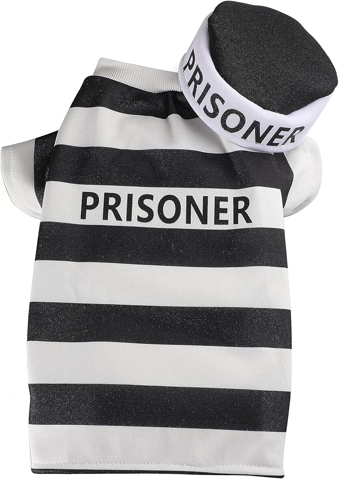 Halloween Fancy Prisoners Dogs Cats Warm Costumes with Hat for Teddy, Pug, Chihuahua, Shih Tzu, Yorkshire Terriers, Papillon D-Black/White S