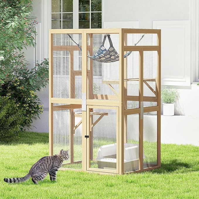 Catio Outdoor Cat Enclosure - Premium Wooden Cat Catio with Window Access & Breathable Mesh, Weatherproof Kitty House for Patio/Backyard/Indoor (Wood)