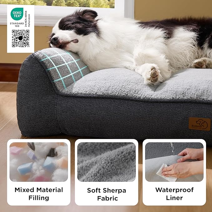 Bedsure SupportMax Orthopedic Dog Bed Medium Size Dog - Extra Thick Supportive Medium Dogs Beds with Waterproof Washable Cover, Comfort Pet Bed Sofa with Soft Sherpa and Nonskid Bottom, Grey, 35"